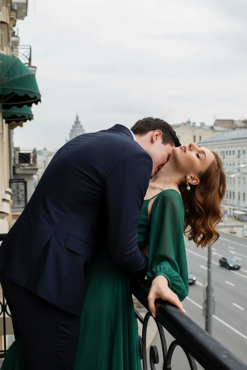 Kissing on balcony pose idea