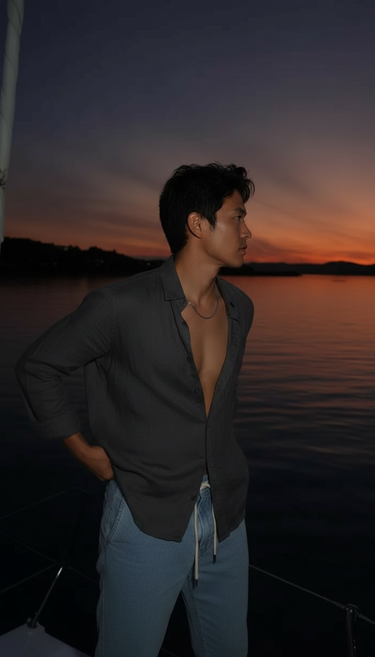 Looking at sunset ocean pose idea