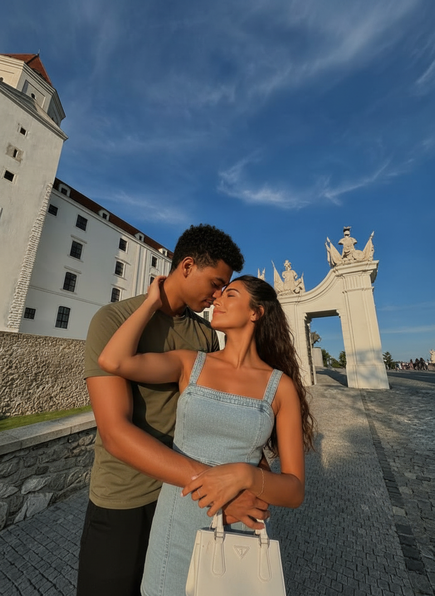 Embracing forehead kiss pose idea