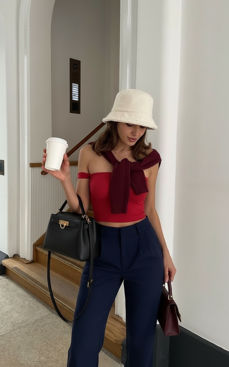 Holding coffee bag pose idea