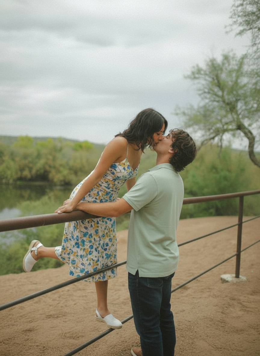 Kissing over railing pose idea