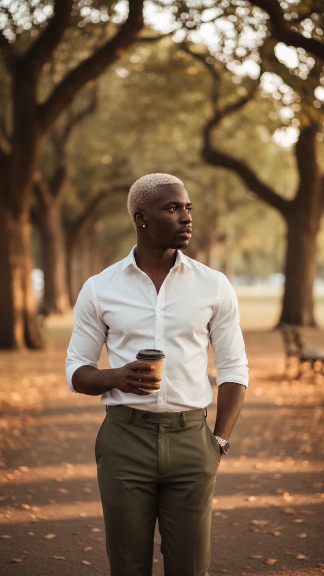Holding coffee looking away pose idea