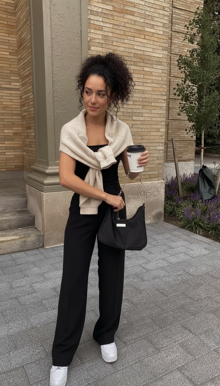 Holding coffee bag pose idea