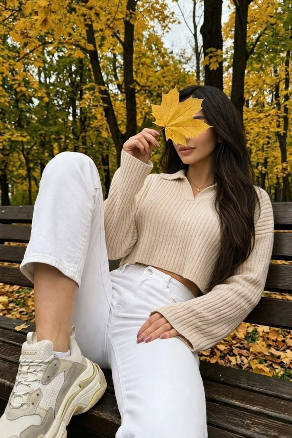 Sitting leaf cover pose idea