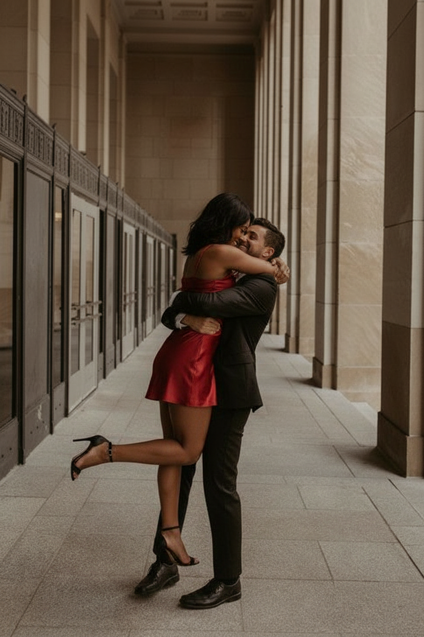 Embracing in an alley pose idea