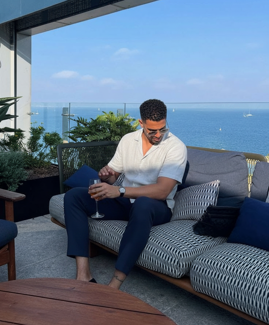 Sitting with drink pose idea