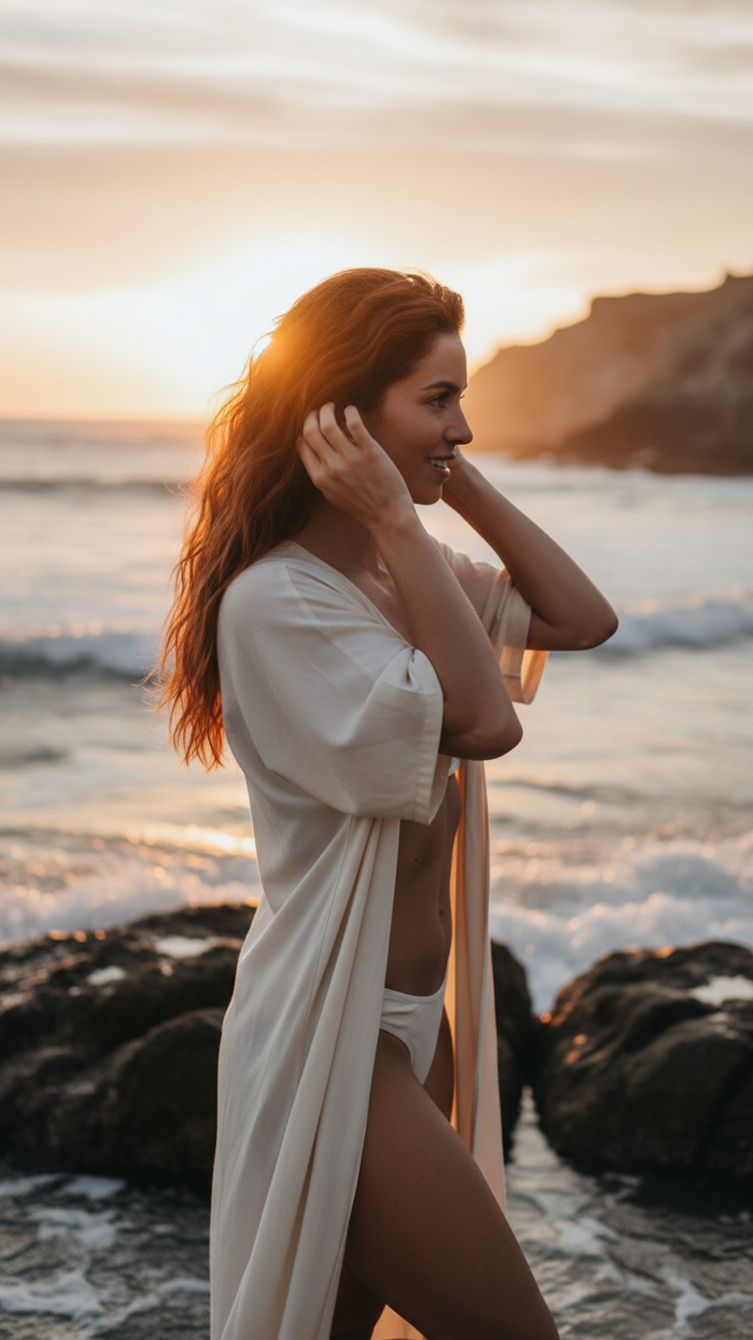 Adjusting hair sunset pose idea