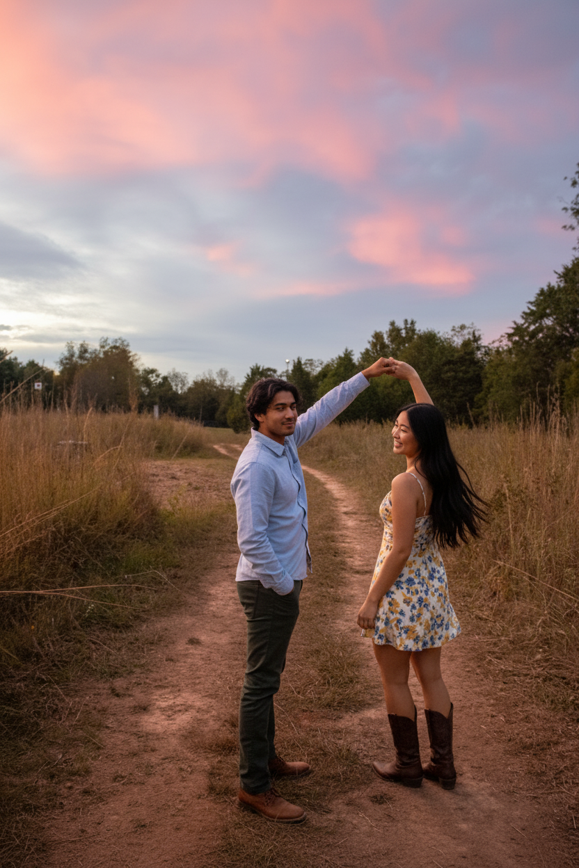 Couple dancing outdoors pose idea