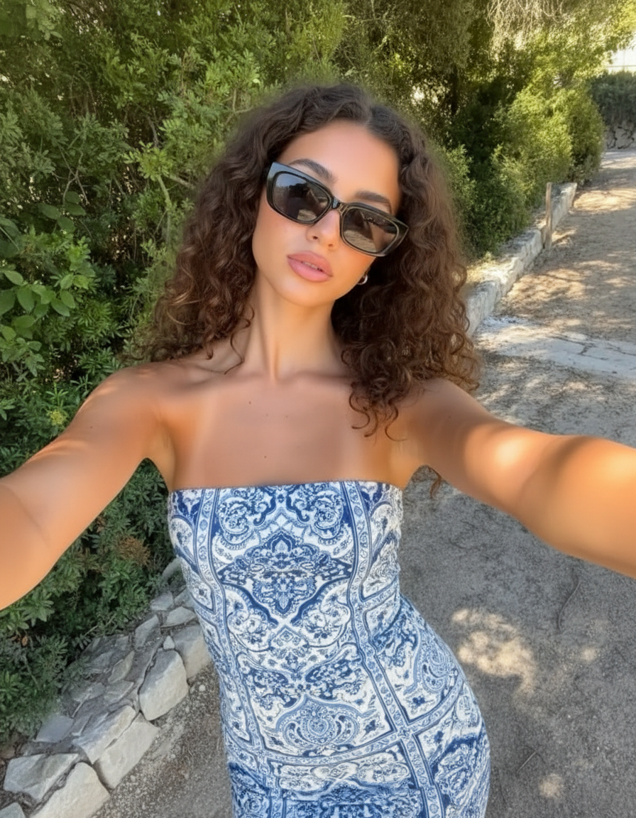 Selfie arm extended pose idea