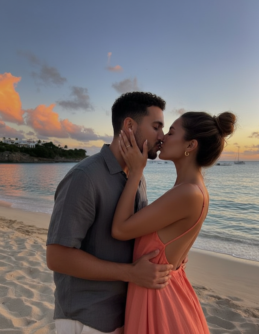 Sunset beach kiss pose idea
