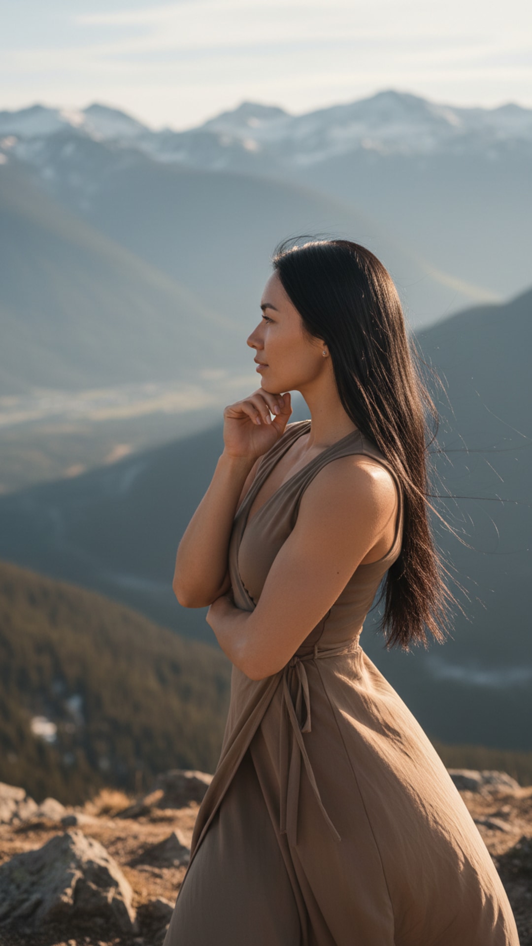 Thoughtful mountain gaze pose idea