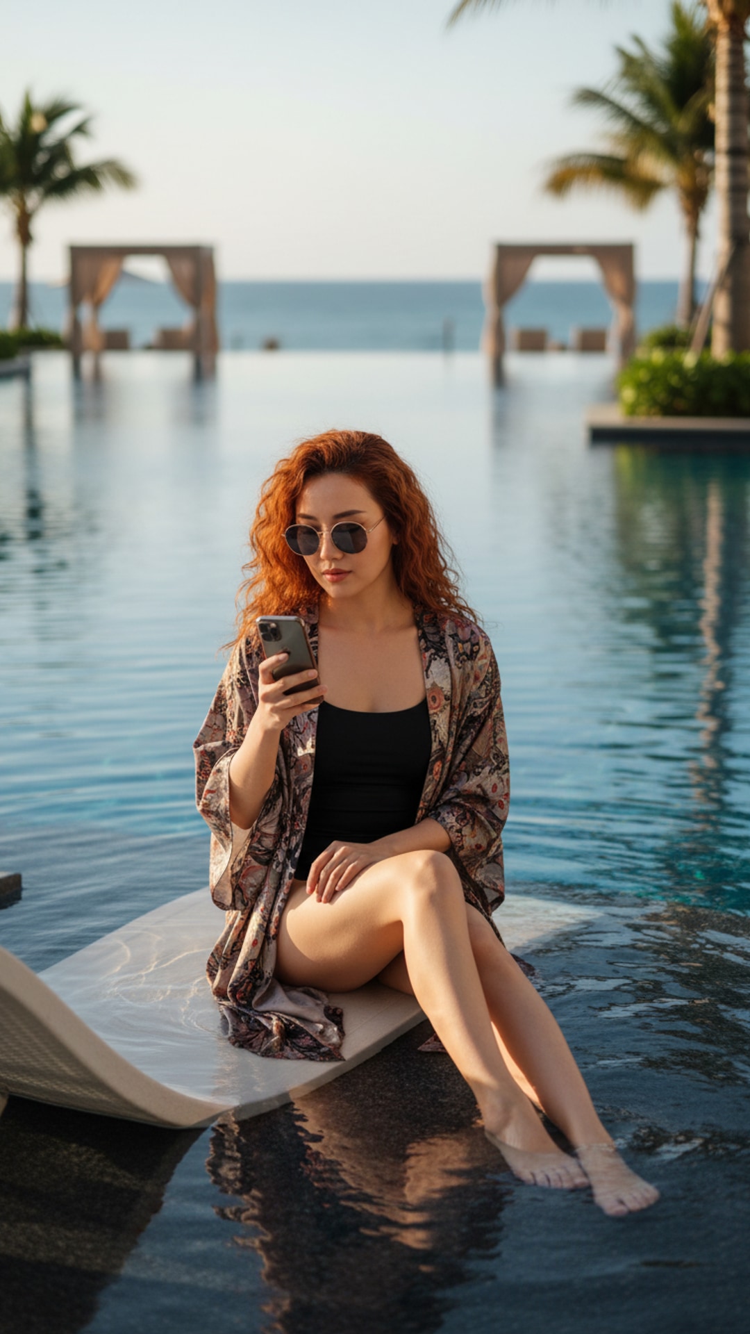 Checking phone poolside pose idea