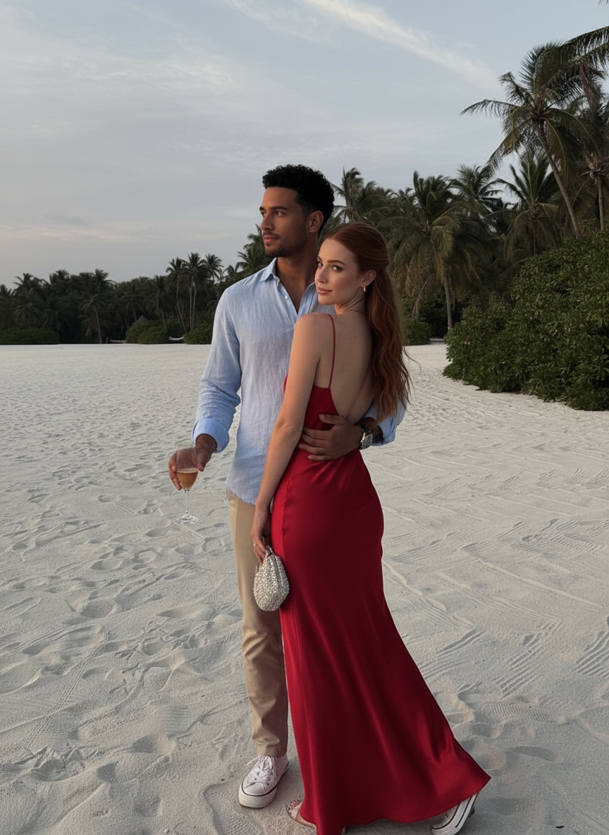 Couple embraces beach pose idea