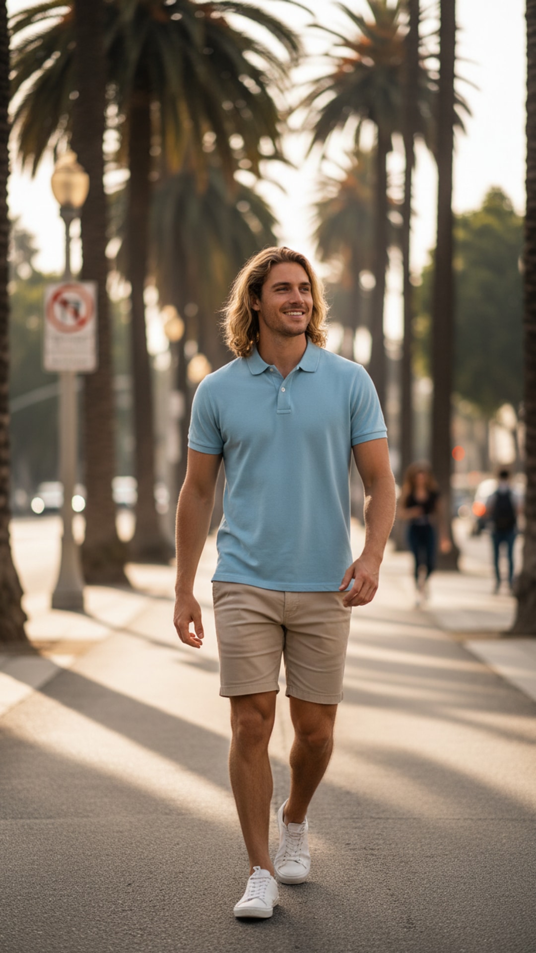 Mid-walk street gaze pose idea