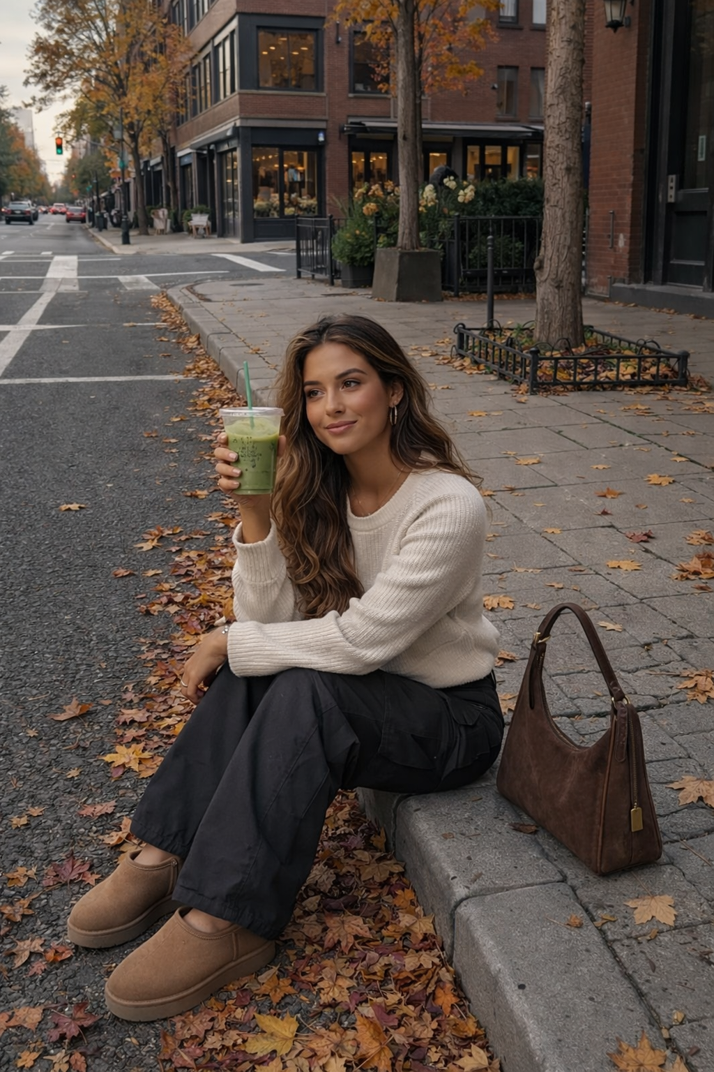 Side glance holding drink pose idea