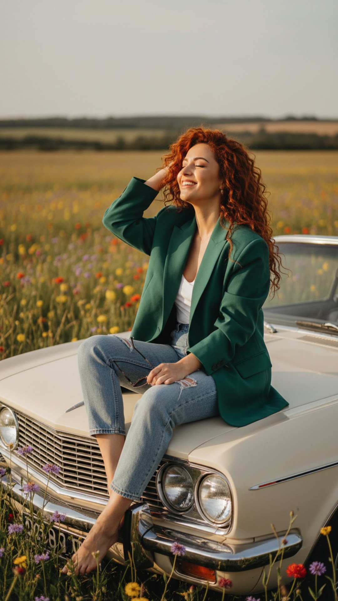 Smiling on car hood pose idea