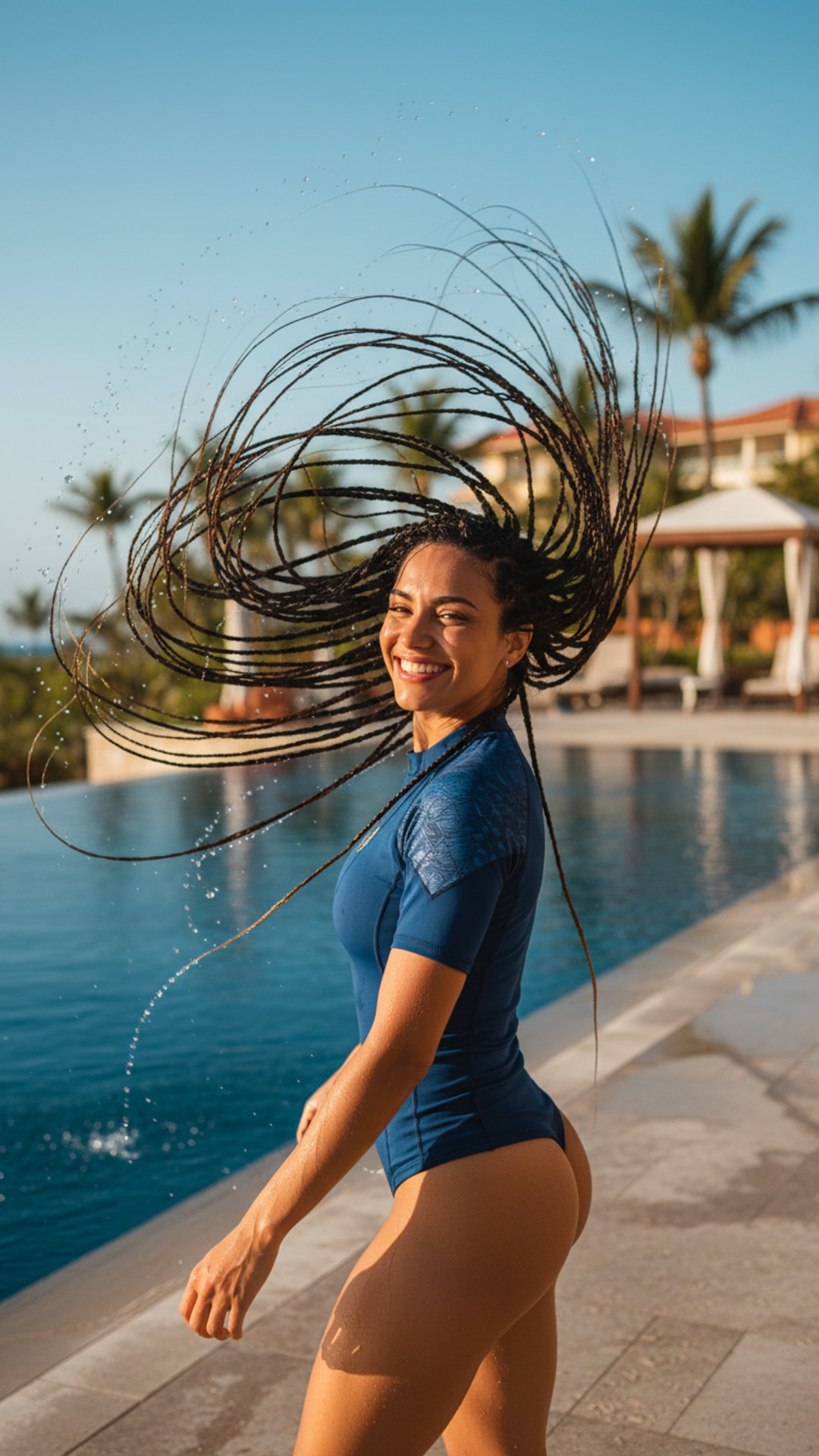 Braids twirling poolside pose idea