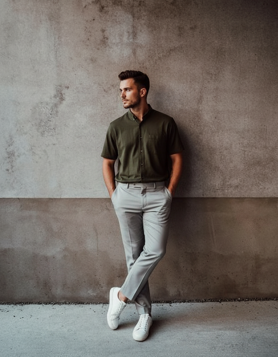 Hands in pockets lean pose idea