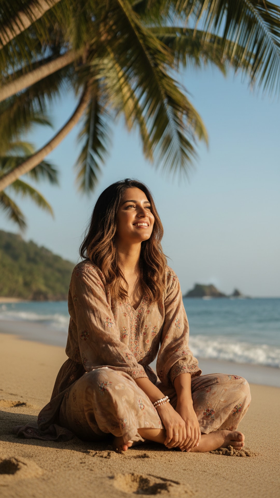 Sitting cross-legged on beach pose idea