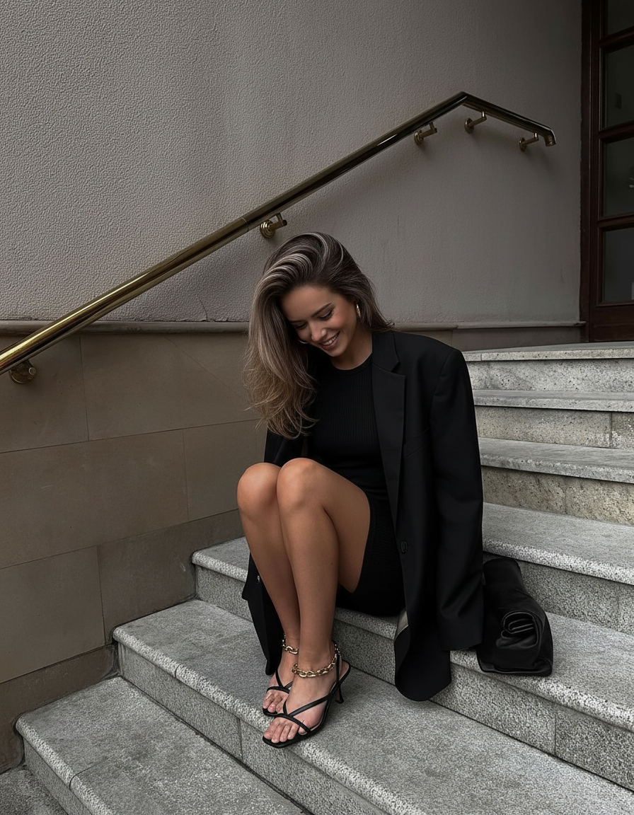 Sitting on stairs smiling pose idea