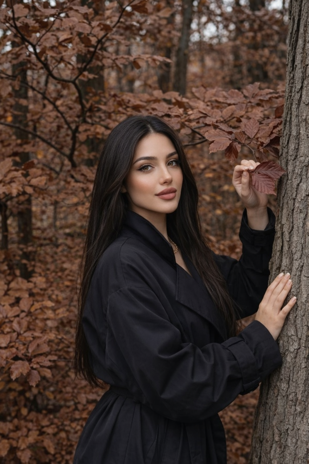 Hand on tree looking pose idea