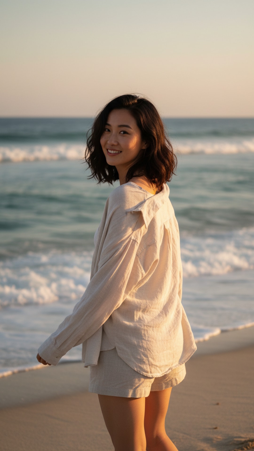 Over shoulder beach glance pose idea