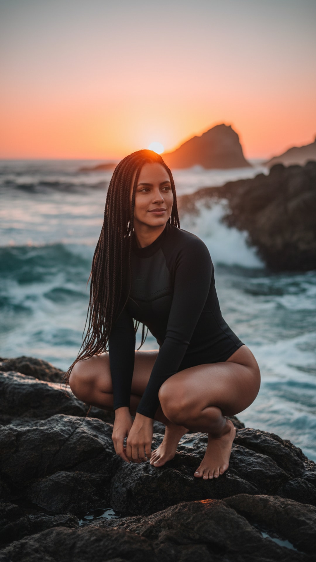 Crouching on rocks pose idea