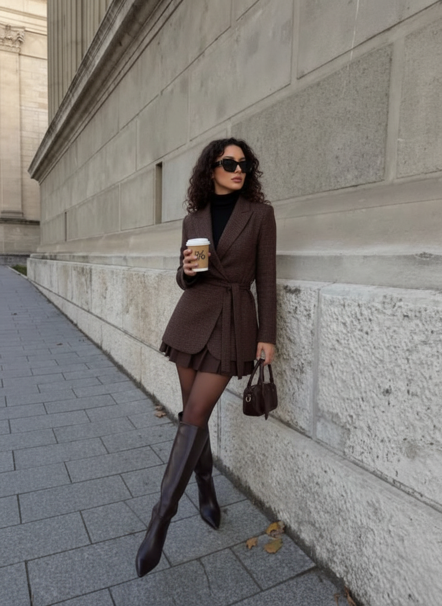 Leaning coffee stroll pose idea