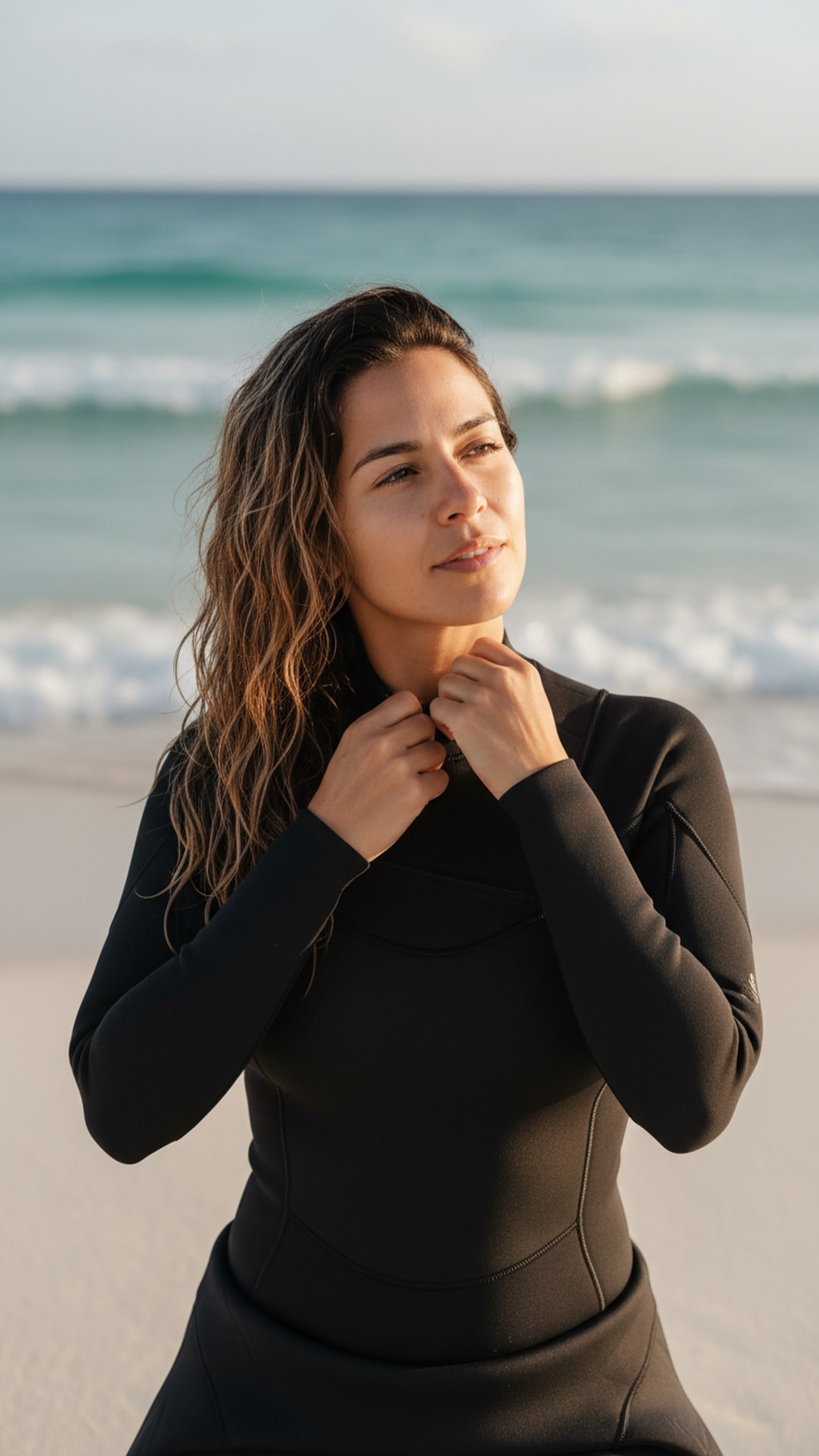 Adjusting wetsuit collar pose idea