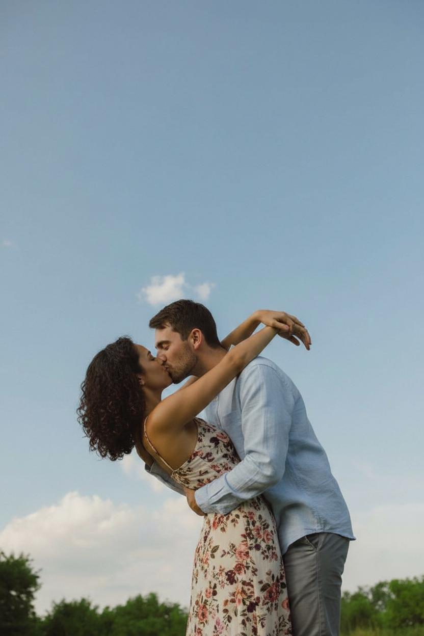 Couple kissing outdoors pose idea