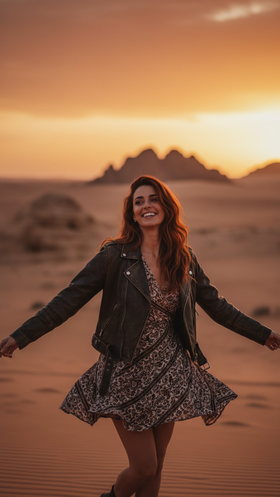 Desert sunset twirl pose idea