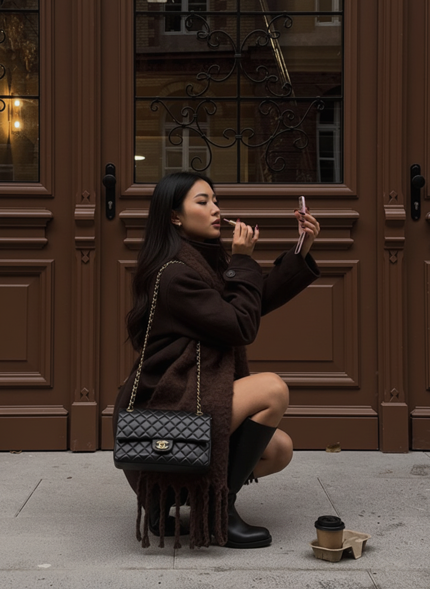 Squatting touching up makeup pose idea