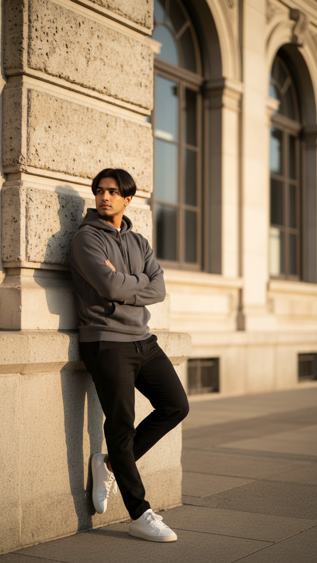 Leaning on wall arms pose idea