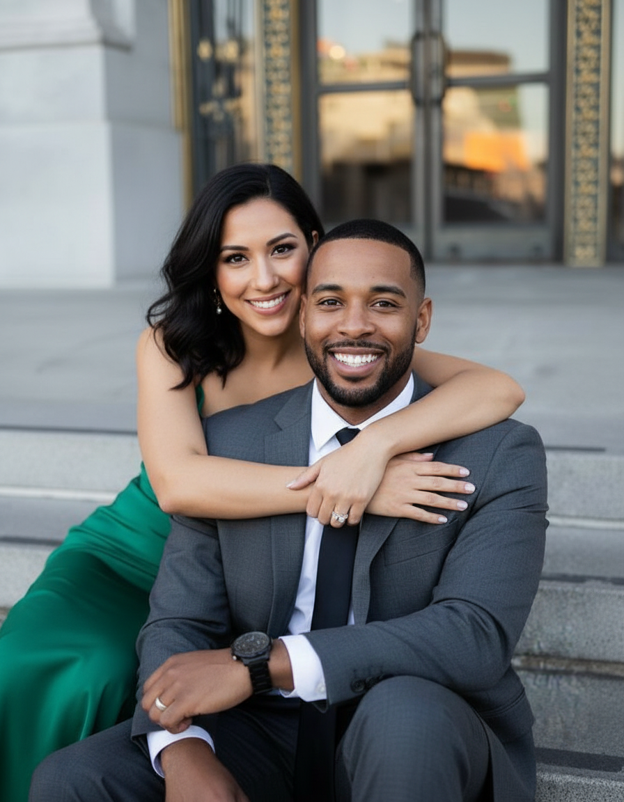 Embracing on steps pose idea