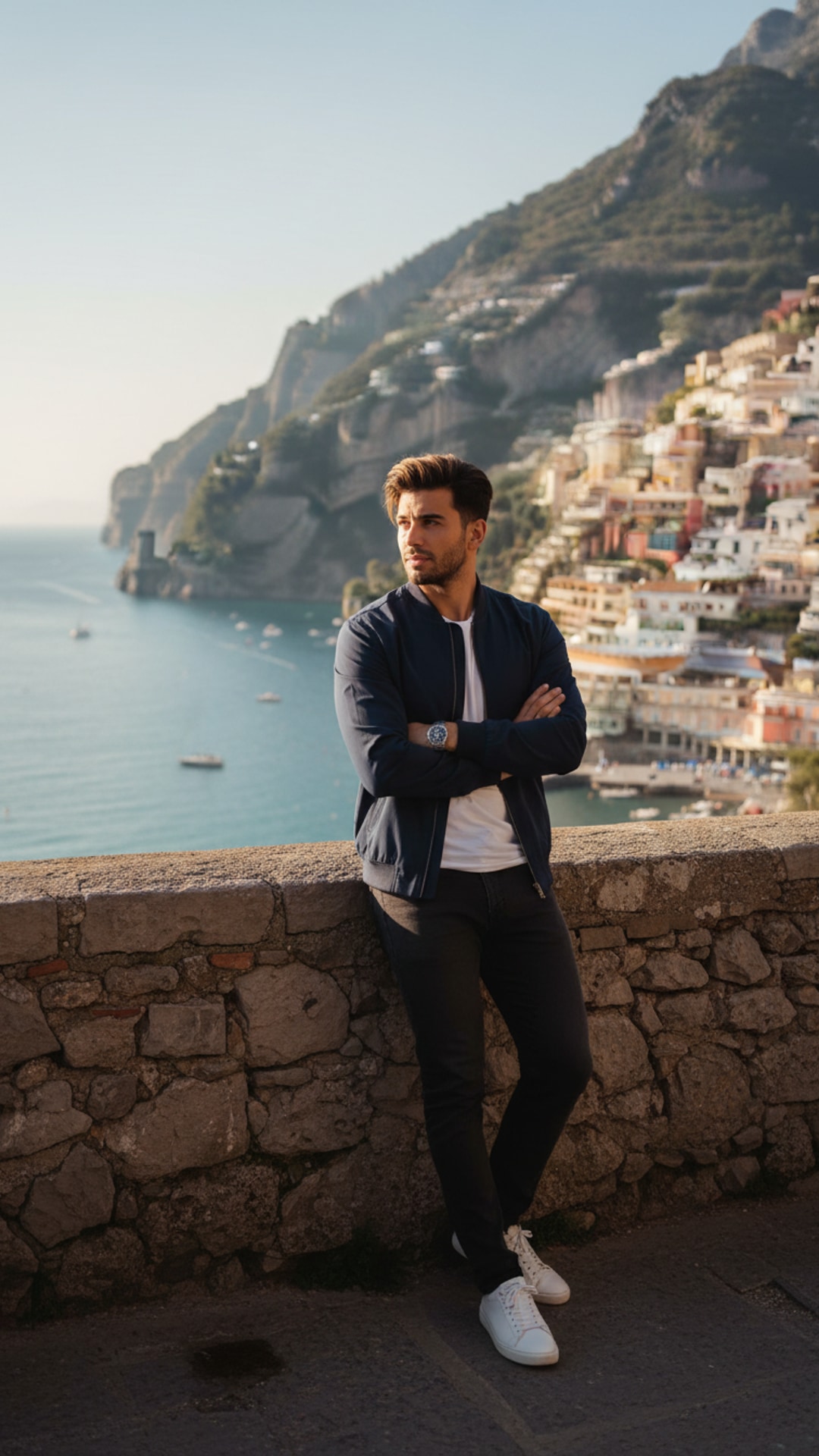Leaning wall arms crossed pose idea