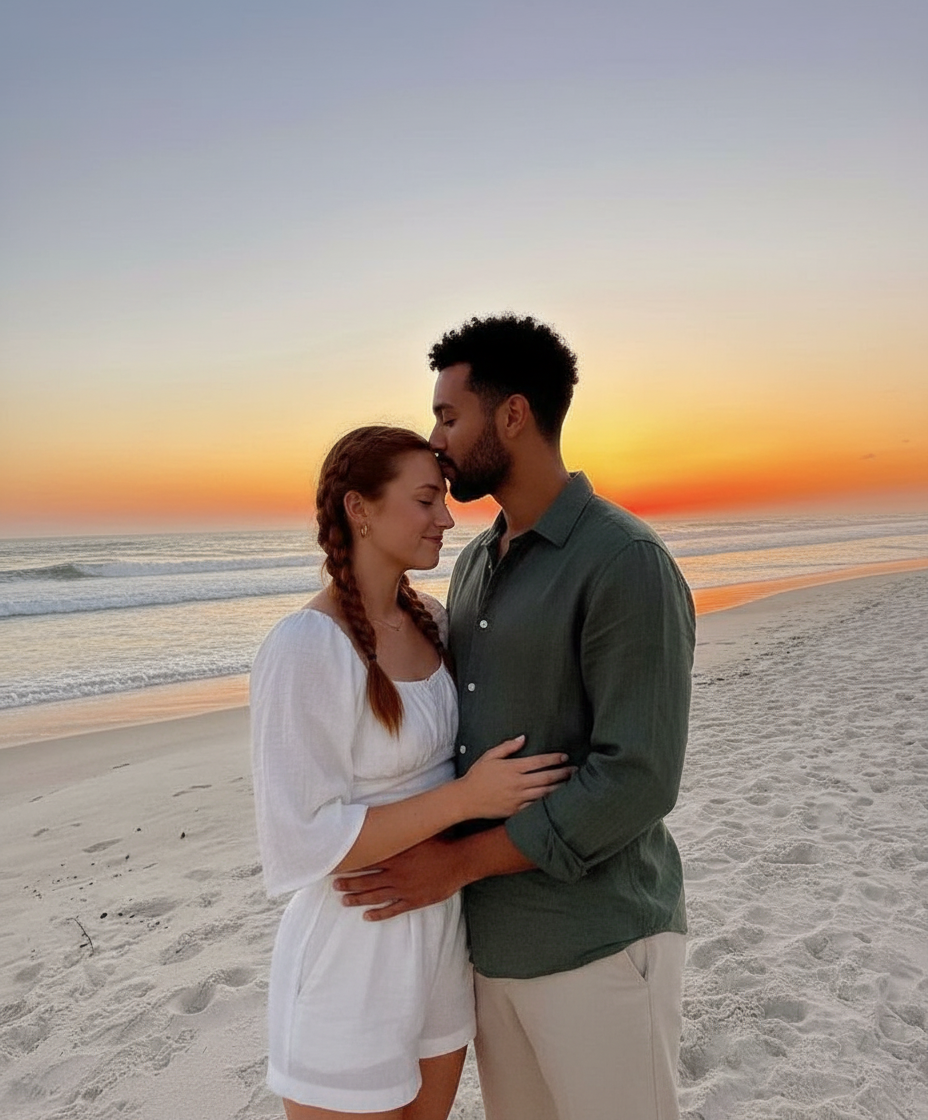 Kissing forehead beach sunset pose idea