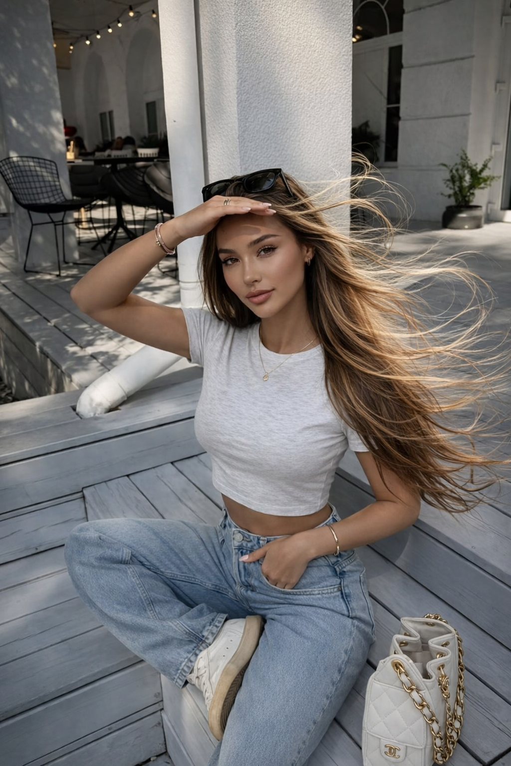 Sitting hand on forehead pose idea