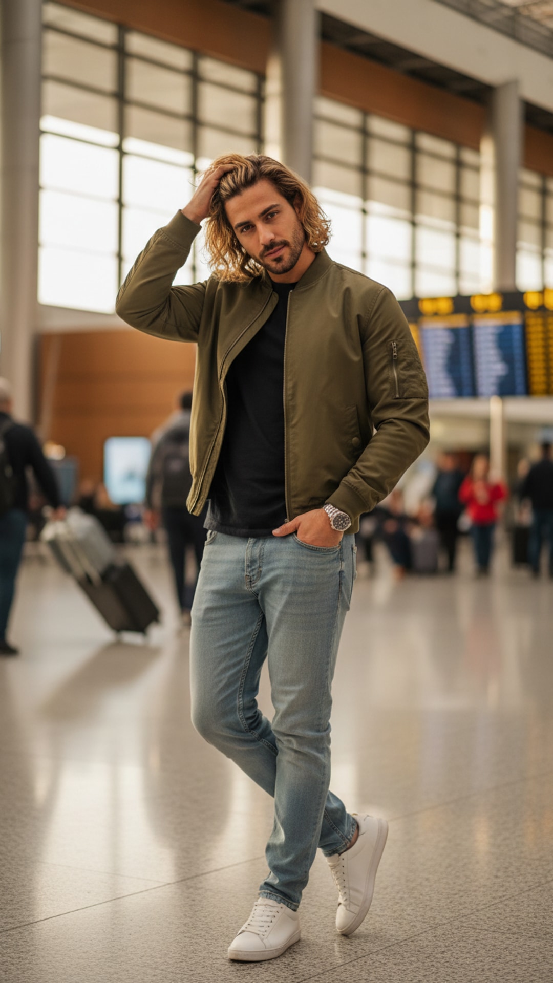 Hand in hair airport pose idea