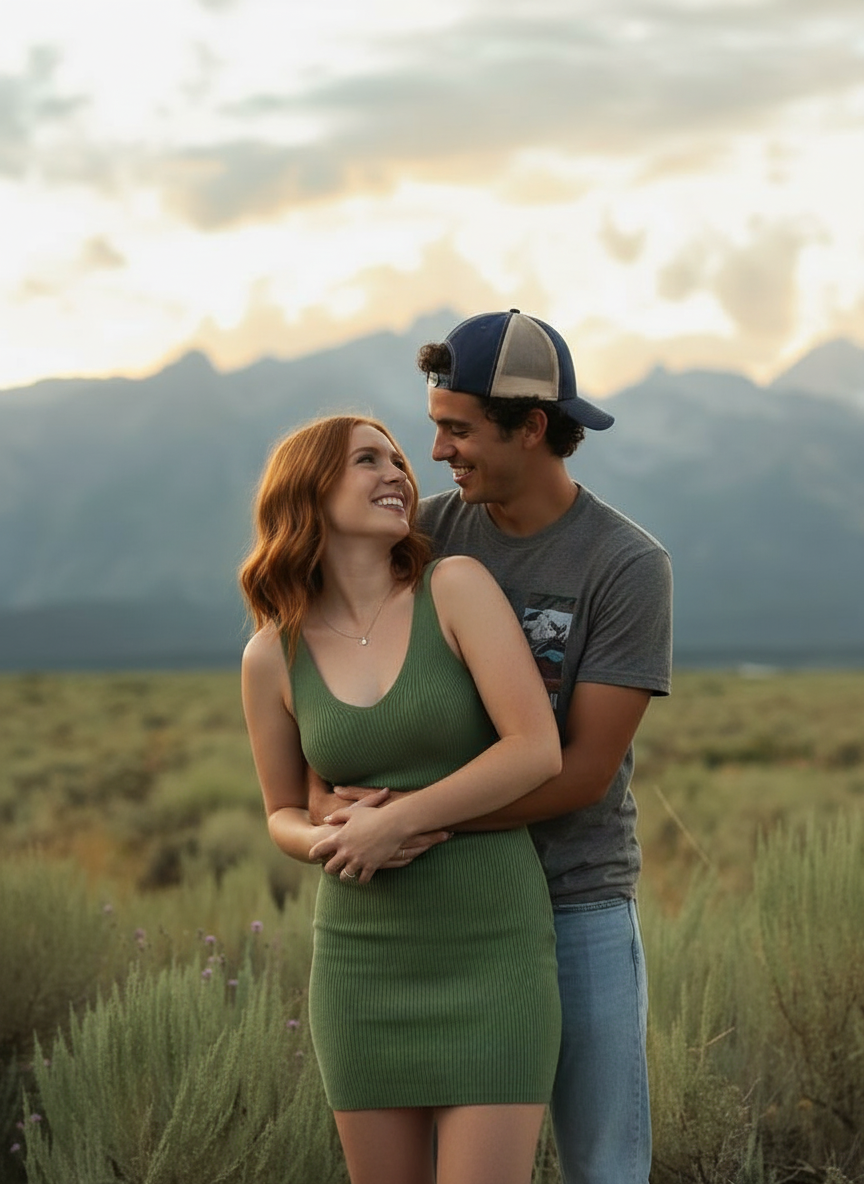 Couple embrace smile pose idea