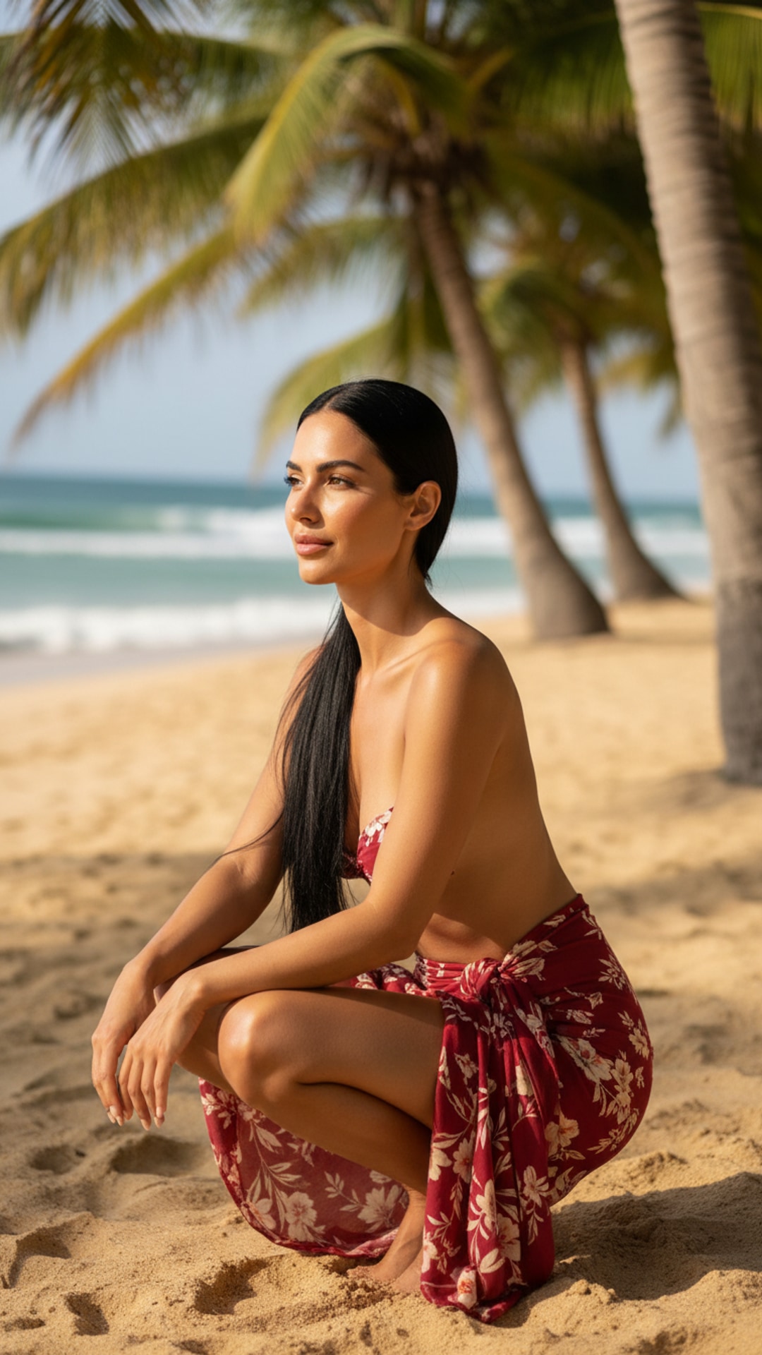 Crouching on beach pose idea
