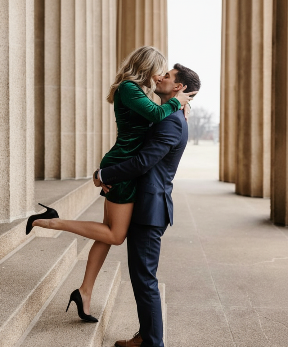 Man lifting woman kiss pose idea