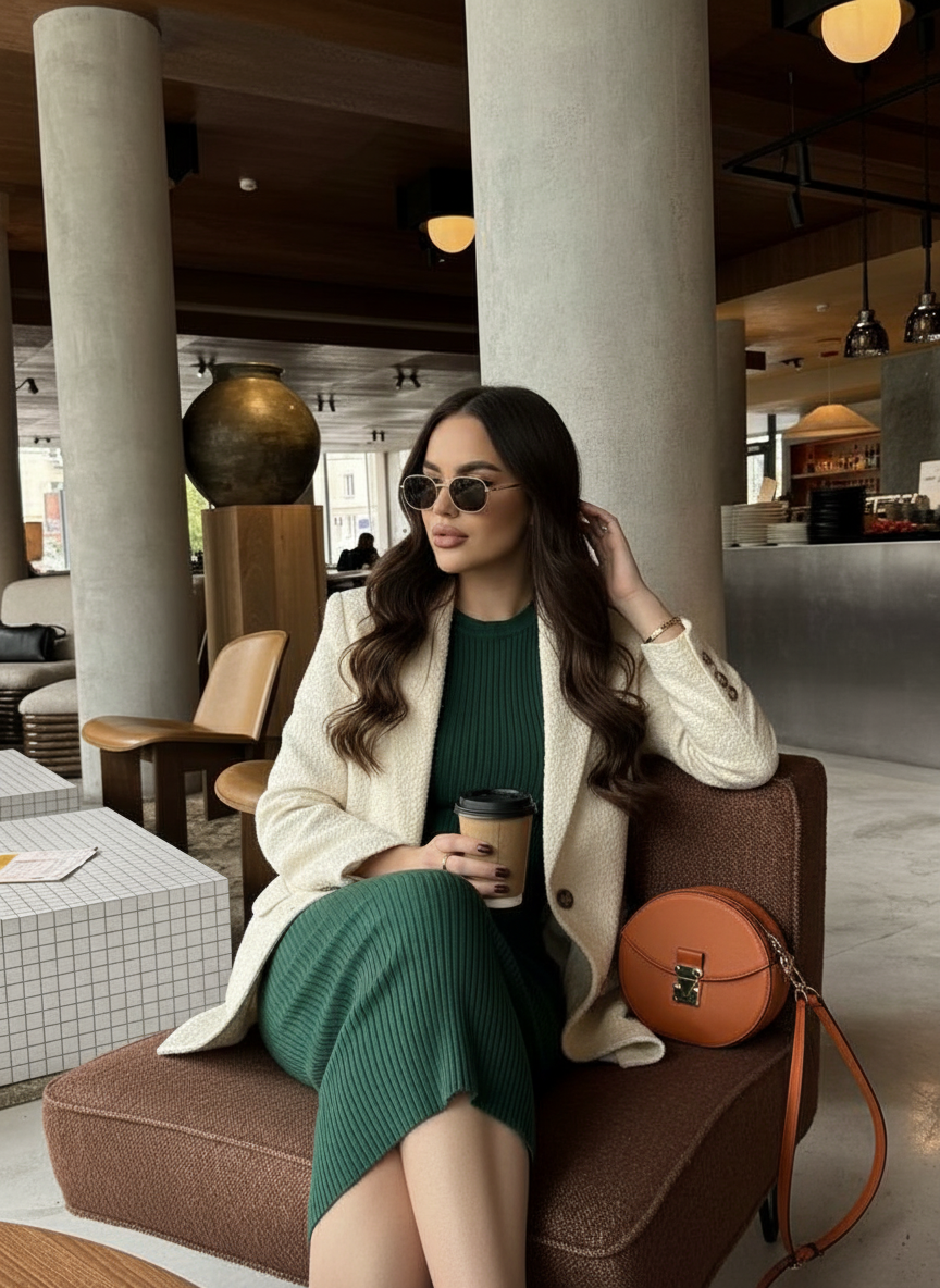 Holding coffee looking aside pose idea