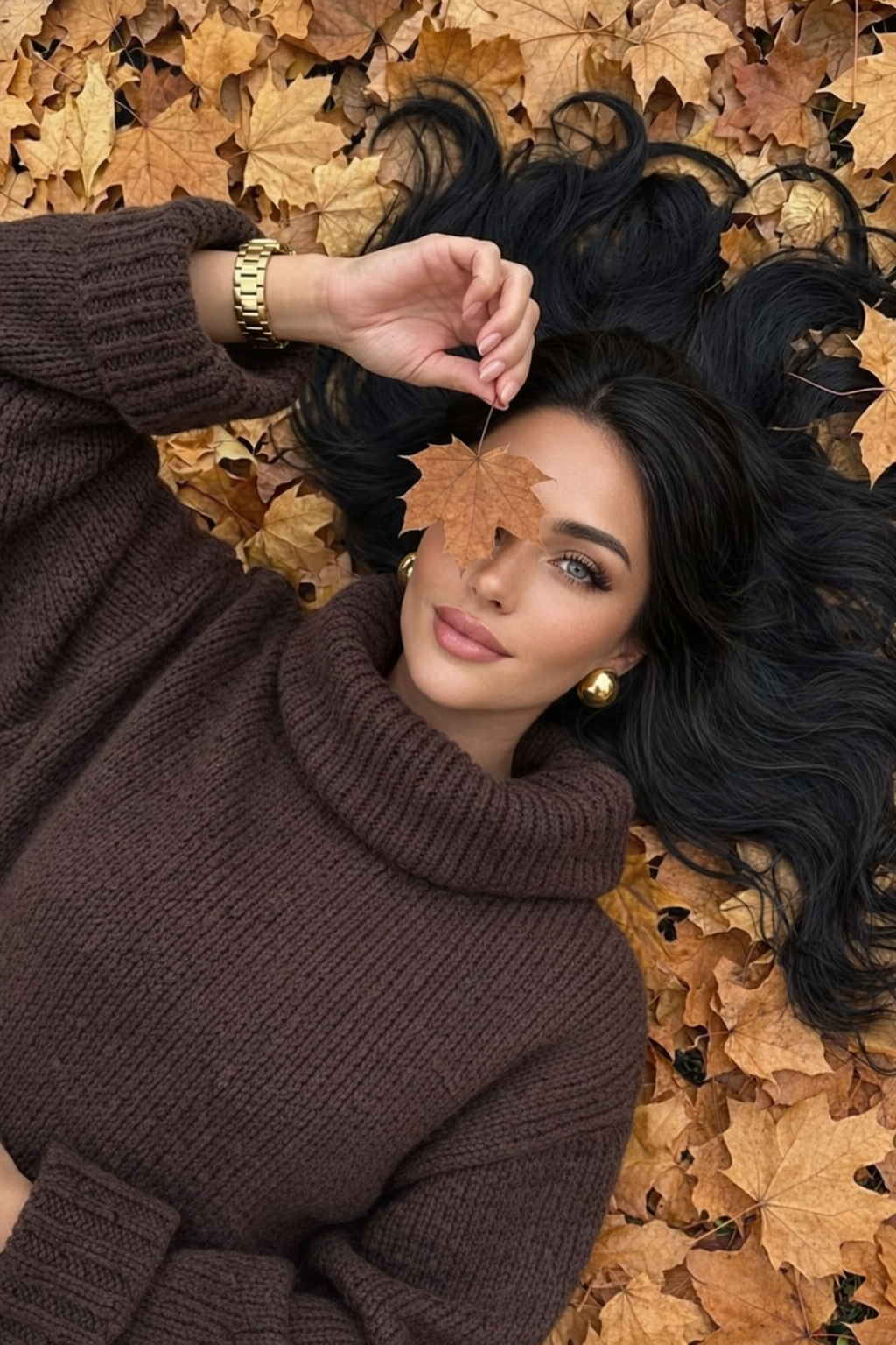 Lying leaf over eye pose idea