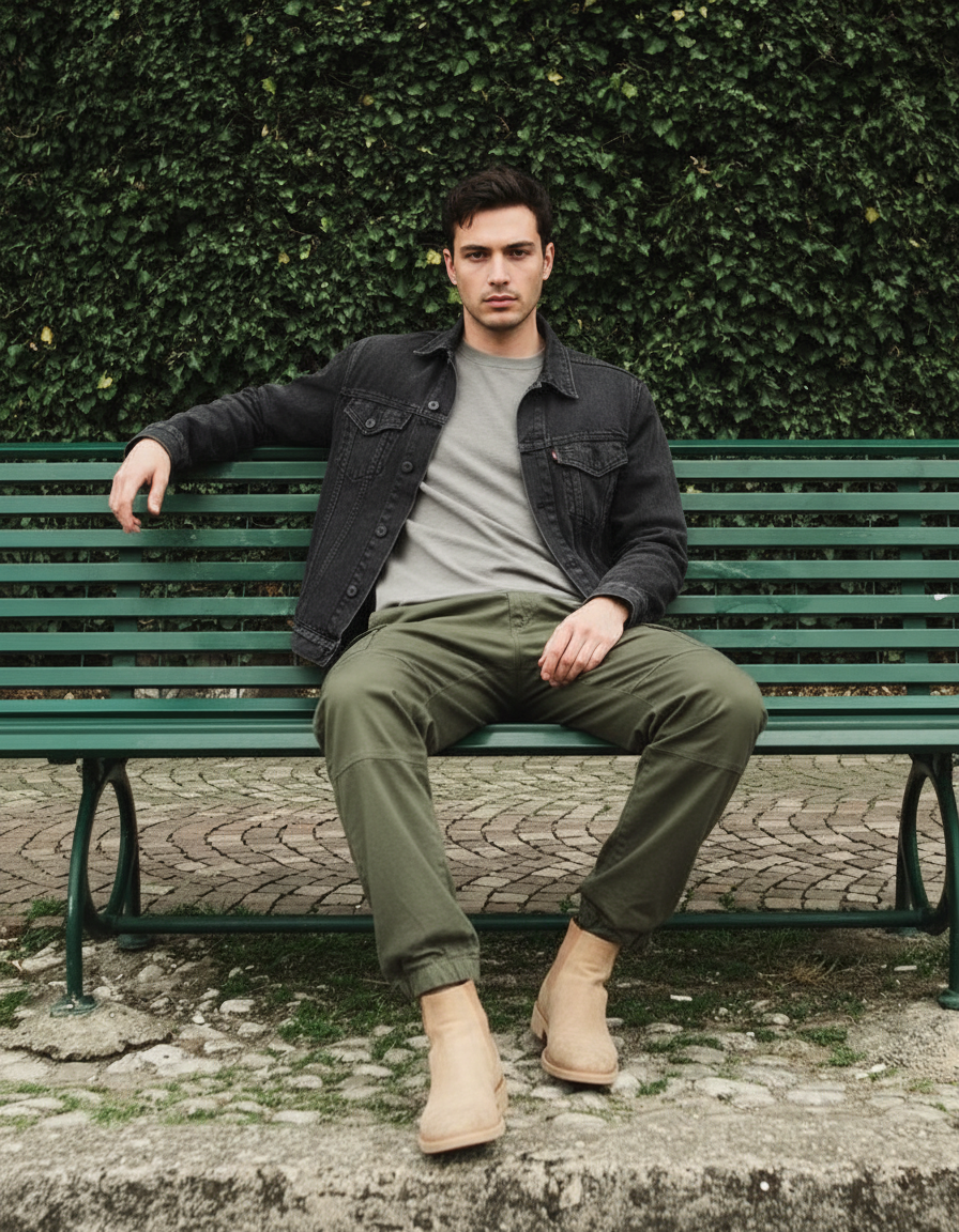 Relaxed bench sit pose idea