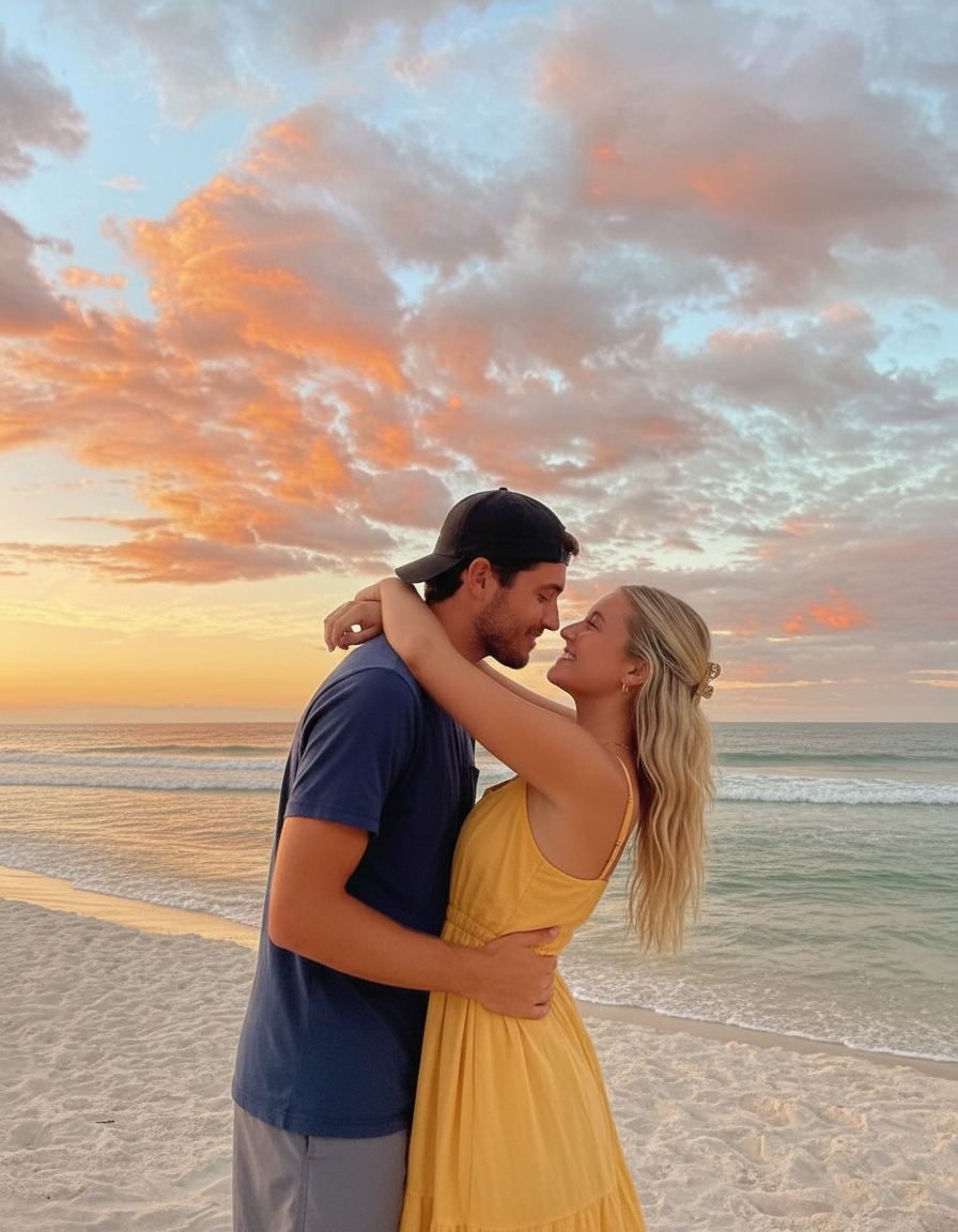 Embracing on beach pose idea