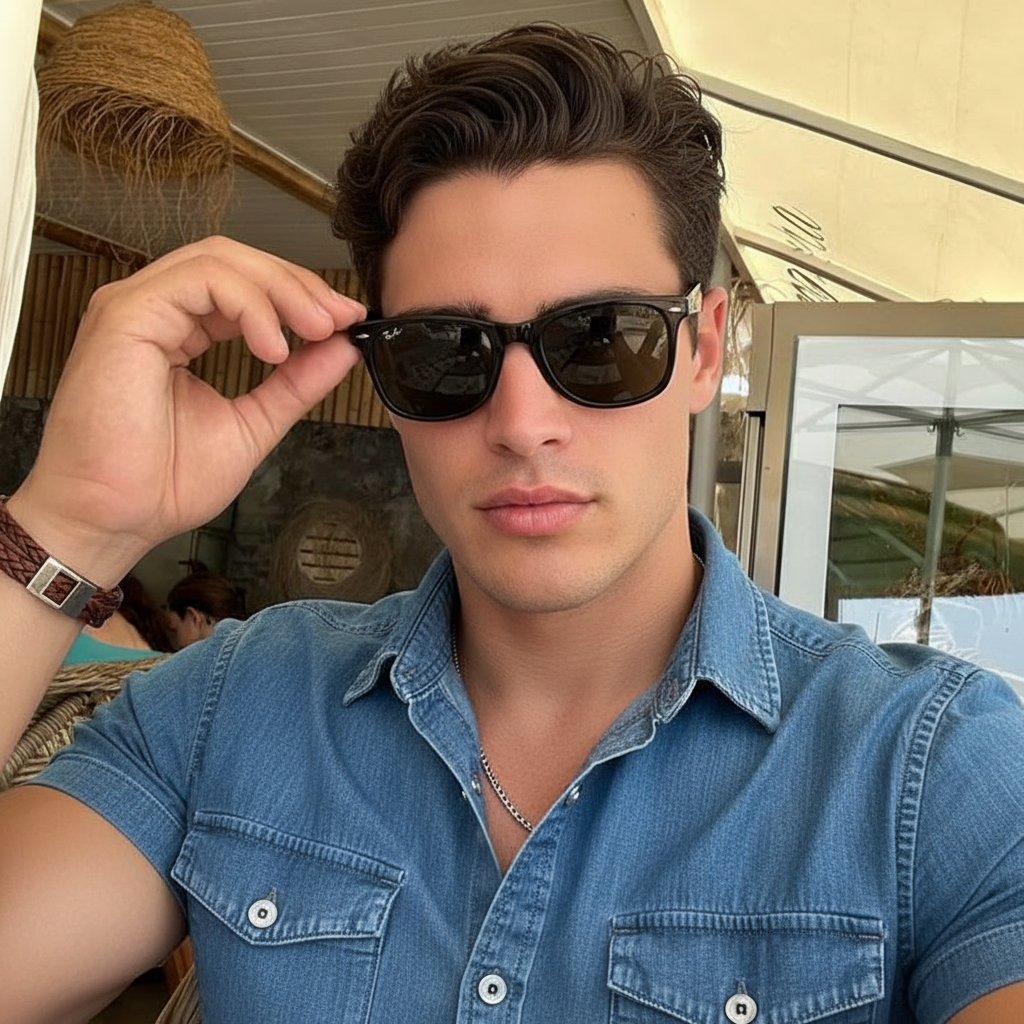 Adjusting sunglasses close up pose idea