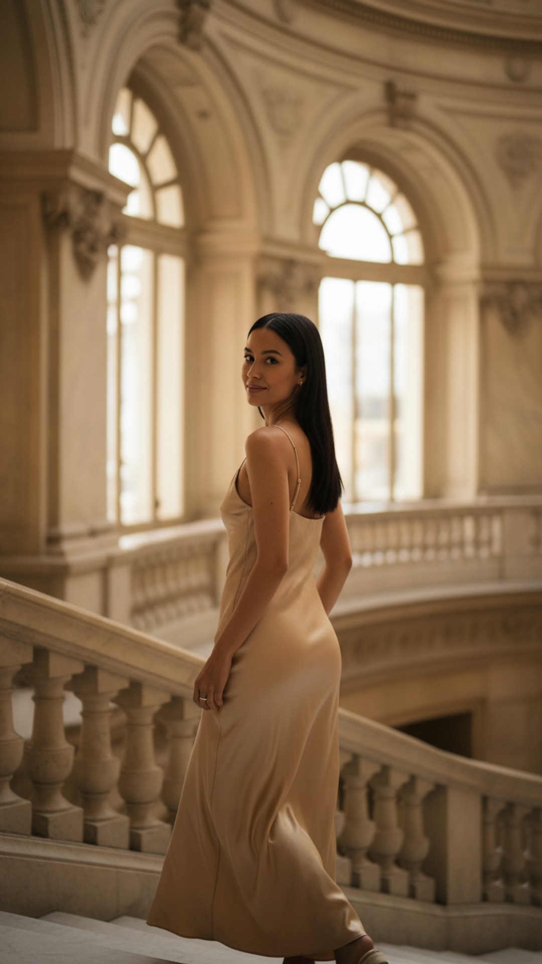 Glance back on stairs pose idea