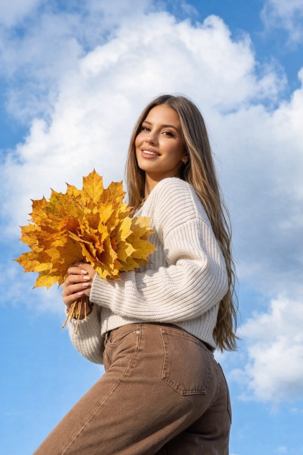 Holding leaves smiling pose idea