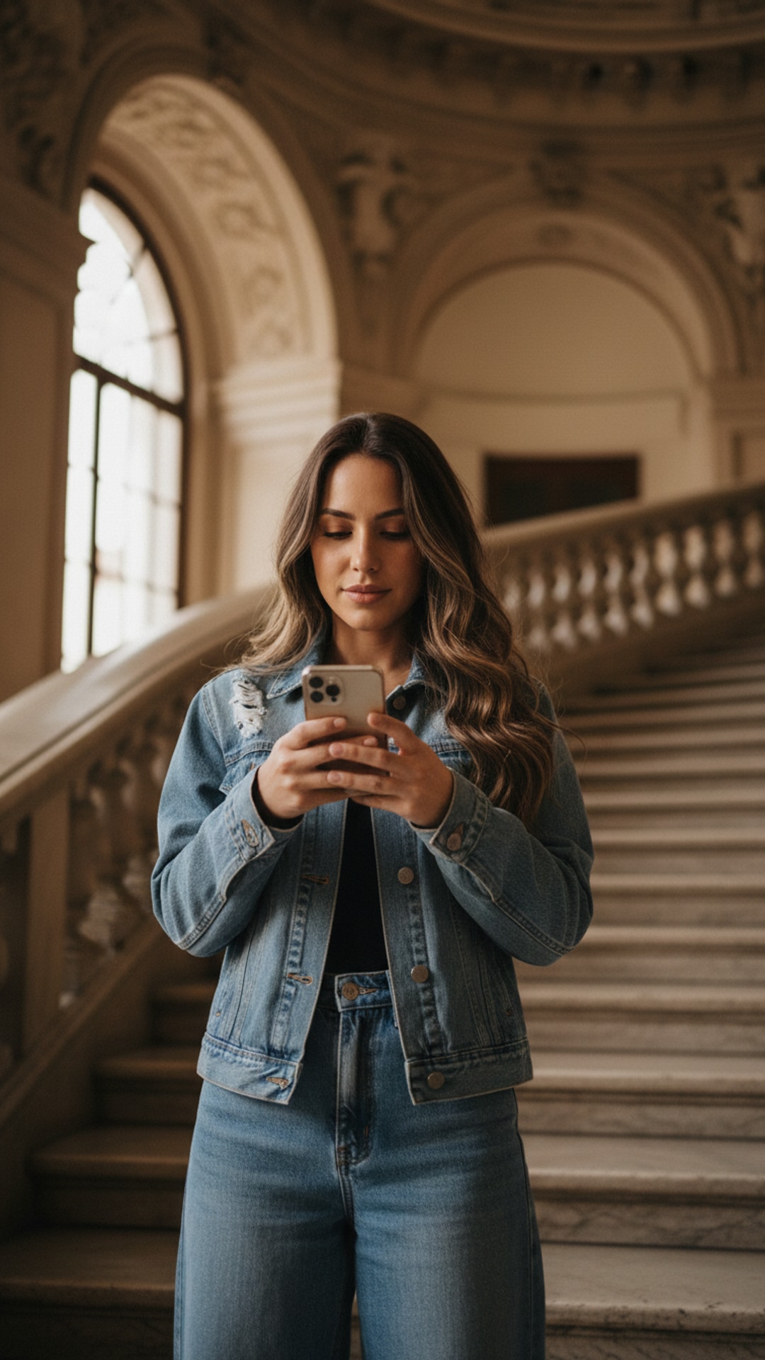 Checking phone on stairs pose idea