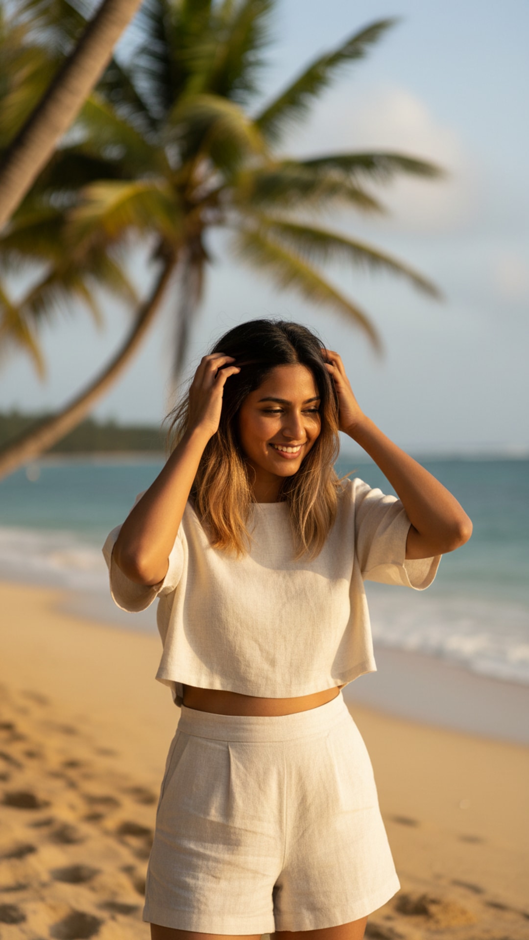 Adjusting hair tropical beach pose idea